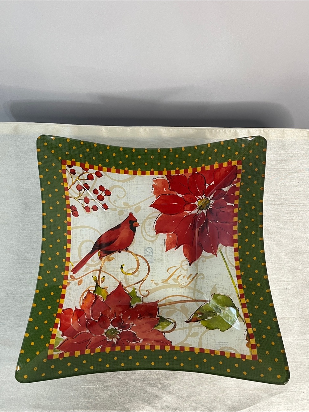 Prima Design Holiday Cardinal & Poinsettia Square Glass Serving Bowl 11”